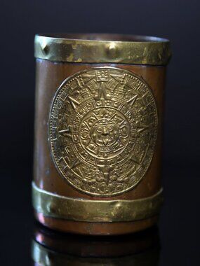 Vintage Brass Copper Mug with Mayan Calendar, Aztec Mexican Cup with Emblem